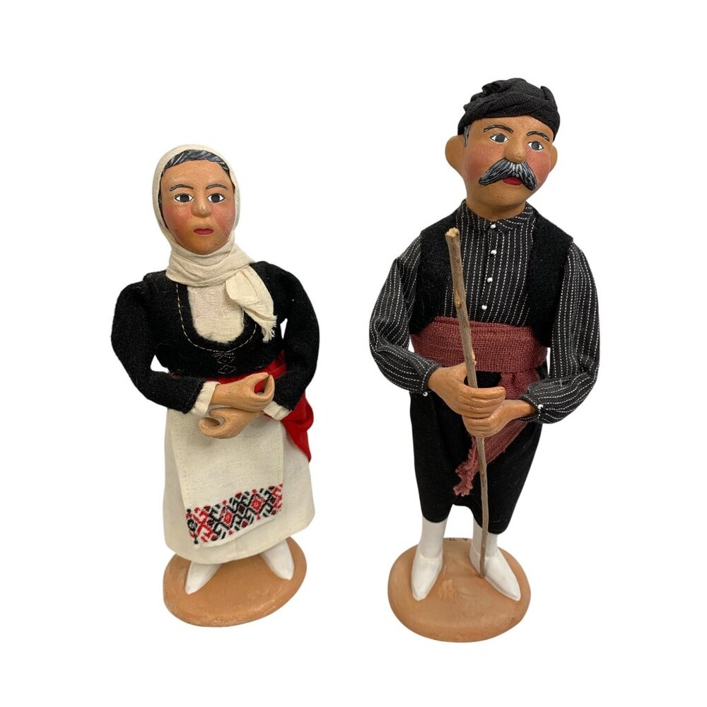 VTG Handmade Greek Traditional Attire Folk Art Dolls 13" Set C10527